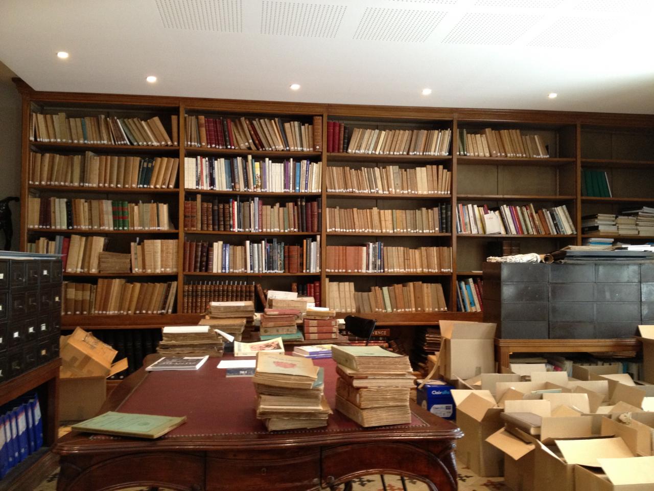La bibliothèque et ses cartons pleins de livres...